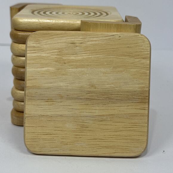 Set of 8 Wooden Drink Coasters with Holder Engraved Circles Rustic Decor - Picture 7 of 9